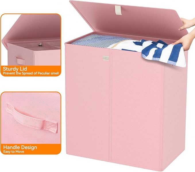 WOWLIVE Laundry Hamper with Lid,160L Large Laundry Basket 3 Section with Removable Washing Bags,Collapsible Waterproof Dirty Clothes Hamper for Laundry Room Bathroom Dorm,Pink