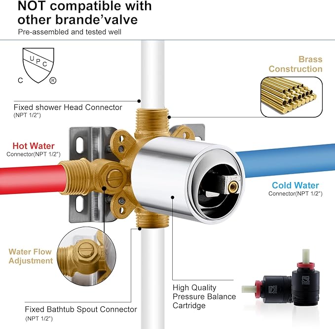 KENES Polished Chrome Tub and Shower Trim Kit, Shower Faucet with 8-Inch Rain Shower Head, Modern Single-Spray Shower Faucet Set, KE-6024A-5 (Shower Valve Included)