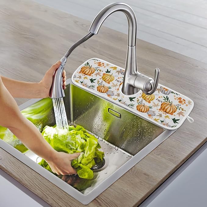 Fall Pumpkin Faucet Sink Mat for Kitchen 2 Pack Autumn Maple Leaves Sunflower Berry Bathroom Drying Mat Absorbent Splash Water Catcher Mats Microfiber Cloth Drip Protector Splash Pad 30x5 Inches