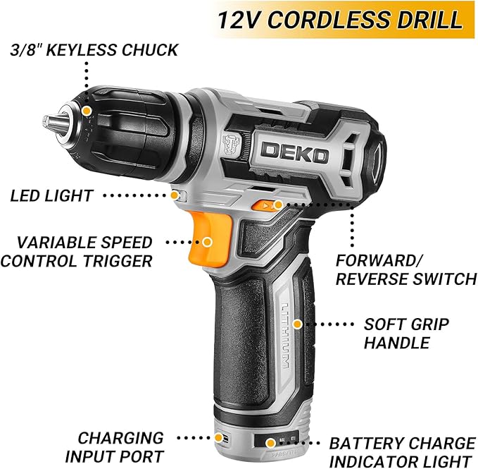 Tool Kit Box Drill Set:DEKOPRO Home Mechanic Toolbox with 12V Power Cordless Drill Hand Repair Tools Sets Combo Kits Storage Organizer Drawer Case for Men