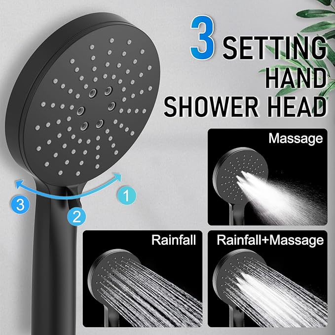 Iriber Thermostatic Shower System Wall Mount with 10 Inch Roud Rainfall Shower Head and Handheld,Shower Faucet Mixer Trim Kit (Valve Included),Matte Black