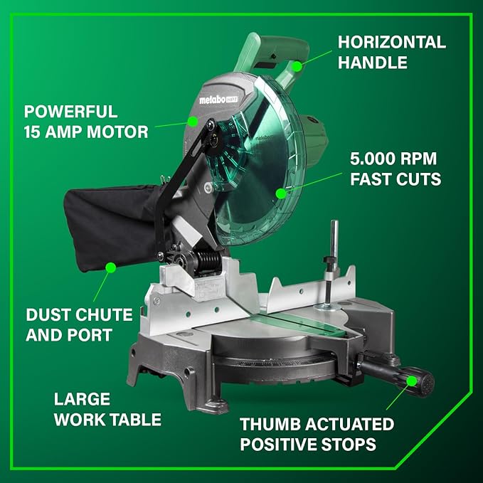 Metabo HPT 10-Inch Compound Miter Saw, 15-Amp Power Saw with Large 10-Inch Table, Precision Miter Angles, Single Bevel 0-45°, 24T TCT Blade, Positive Stops, Lightweight Design, C10FCGS