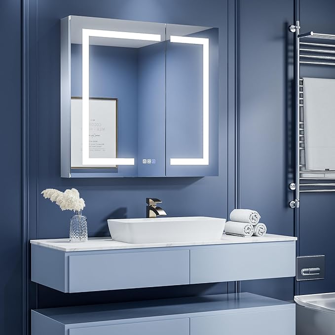 ExBrite LED Lighted Bathroom Medicine Cabinet with Mirror, 32 x 30 Inch, Recessed or Surface Mount, Anti-Fog, Stepless Dimming, Color Temperature Change, Built-in 6000K Sensor Light, Storage Shelves