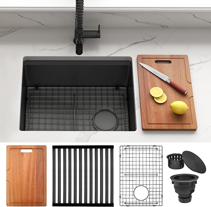 Black Undermount Kitchen Sink,16 Gauge Stainless Steel Sinks,Single Bowl Workstation Sink,Modern Kitchen Sink Offset Drain (23" X 18")