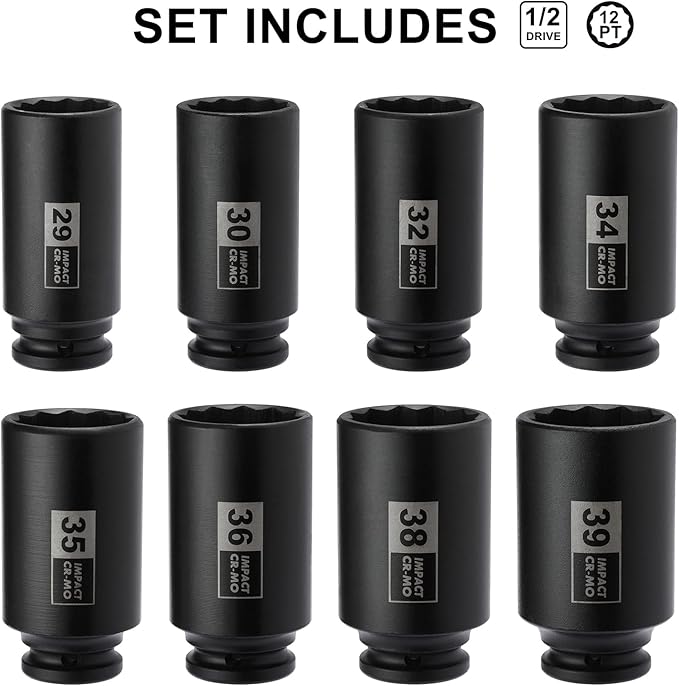 Mayouko 8PCS 1/2" Deep Axle Nut Impact Socket Set, CR-MO, 12 Point Design, Metric, 29,30,32,34,35,36,38,39mm, 1/2 Inch Extra Deep Impact Socket