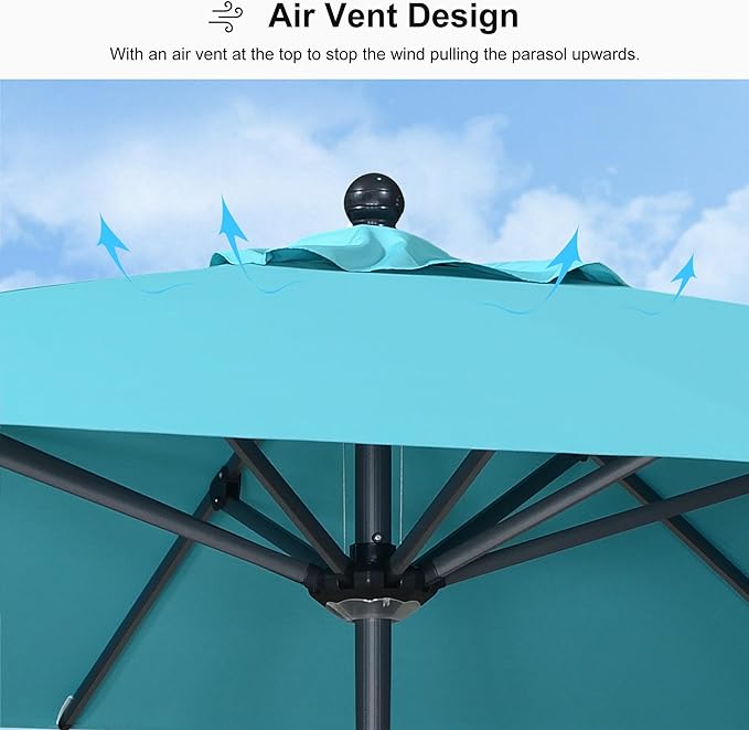 PURPLE LEAF 10' x 6.5' Rectangular Patio Umbrella Outdoor Table Umbrella Aluminum Frame Market Umbrella Sun Umbrella with 8 Sturdy Ribs Tilt for Garden Deck Lawn Pool Turquoise Blue