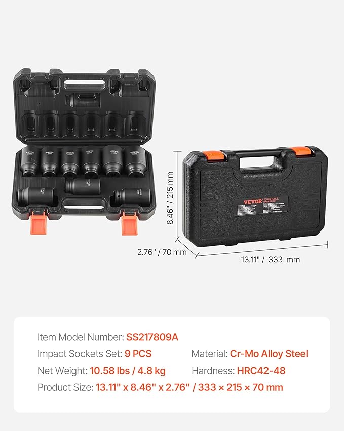 VEVOR 1/2" Drive Impact Socket Set, 9 Piece Deep Socket Set Metric 29-38mm, 6 Point Cr-Mo Spindle Axle Nut Impact Socket Set for Auto Repair,Easy-to- Read Size Markings, Includes Storage Case