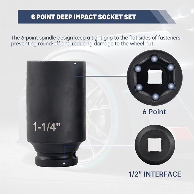 1/2" Drive 6 Point Deep Impact Socket Set 14 Piece 6 Point Impact Set Standard Impact Socket Set,SAE Sizes,CR-V(3/8-Inch to 1-1/14")