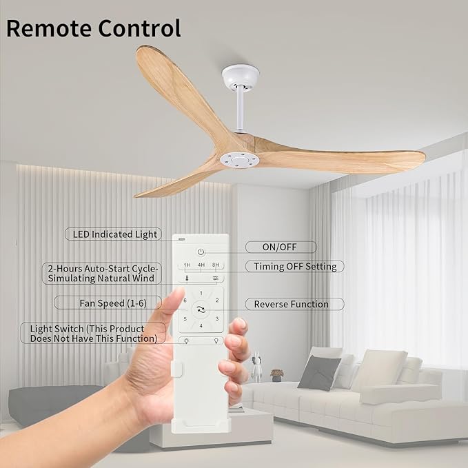 Bigzone 60" Modern Ceiling Fan No Light, Energy Efficient DC Motor, 3 Balsa Wood Blades, Wood Ceiling Fan With Remote Control,Reversible Blades
