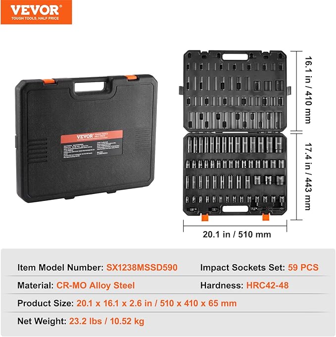 VEVOR Impact Socket Set 3/8" & 1/2" Socket Set 59PCS SAE 5/16" to 1-1/4" and Metric 6-32mm, 6 Point Cr-Mo Alloy Steel for Auto Repair, Easy-to-Read Markings, Rugged Construction, Storage Case