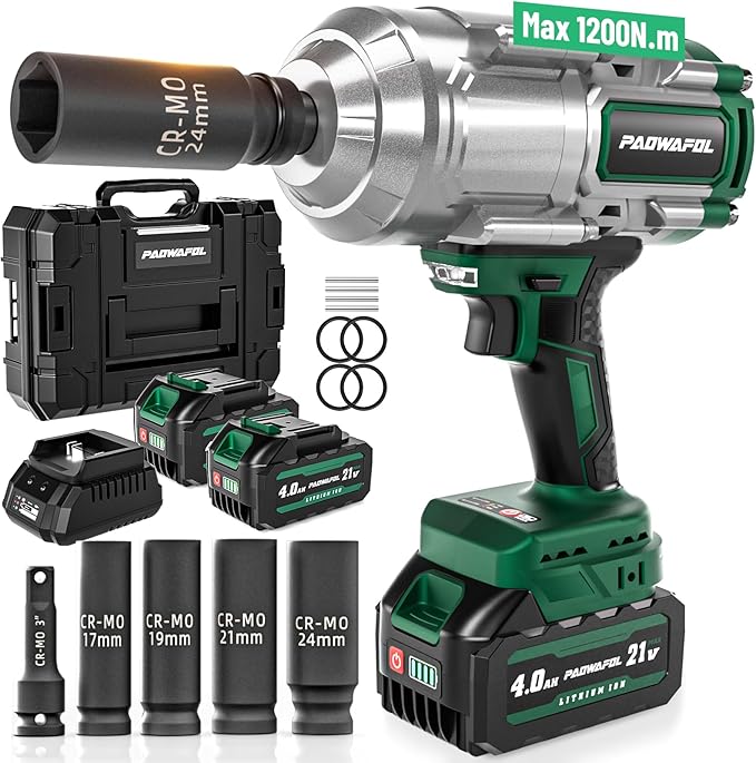 1200N.m(900ft-lbs) Cordless Impact Wrench, 1/2 Impact Socket Set, High Torque 1/2" Impact Gun With 4* CR-MO Sockets & 1* 3'' Extension Rod, 2* 21V 4.0Ah Battery, Fast Charger & Storage Case