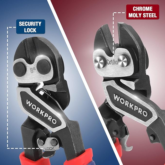 WORKPRO 8" Mini Bolt Cutter, Heavy Duty Wire Cutters with Ergonomic Handle and Security Lock, High Hardness and High Leverage Steel Bolt Cutters, Chrome Molybdenum Steel Blade
