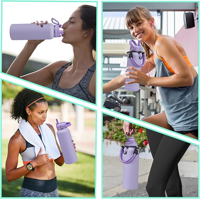 40 oz Water Bottle with Straw - Insulated Vacuum Water Flask with Straw & Auto Spout Lid, Paracord Handle & Carrying Pouch, Keep Cold 48H Hot 24H, Sweat-Proof Thermal Water Jug with Strap for Hiking