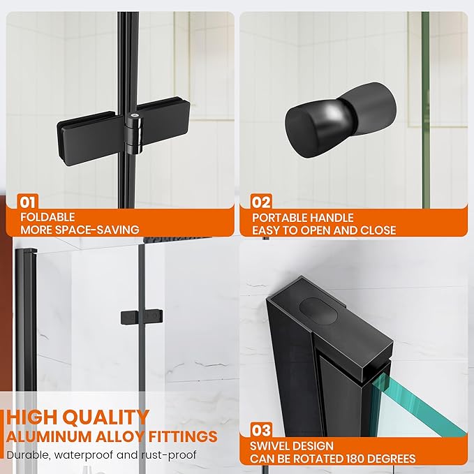 Bathtub Shower Doors 51.2-51.8 in. W × 59 in. H, 1/4" (6mm) Clear Tempered Glass Shower Door, Framless Bi-fold Triple Glass Panels Shower Door with Clamps, Matte Black