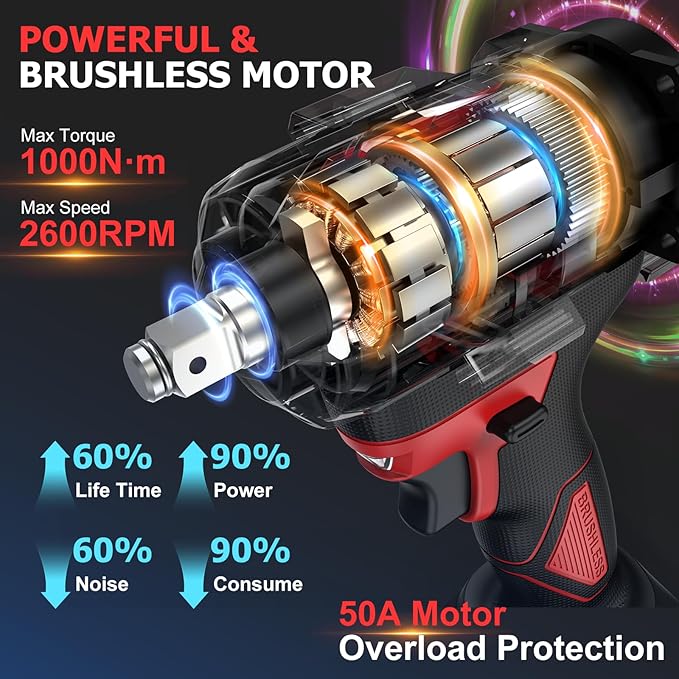 Cordless Impact Wrench 750Ft-lbs - 1000N·m Power Impact Gun 1/2 Inch - 21V 2600RPM Brushless Electric Impact Wrench with 4.0Ah Battery & Socket & Fast Charger & Sturdy Case for Car Home DIY