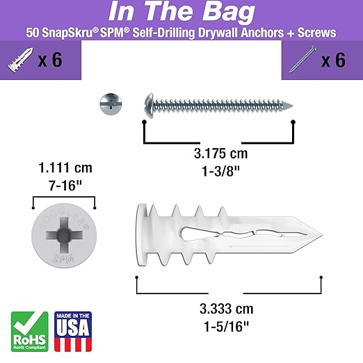 TOGGLER SnapSkru SPM Mini Self-Drilling Drywall Anchor with Screws, Glass-Filled Nylon, Made in US, for #6 to #8 Fastener Sizes (Pack of 6)