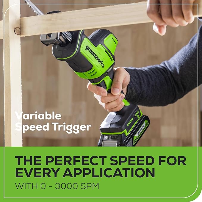 Greenworks 24V Brushless Cordless Reciprocating Saw,1" Compact One-Handed Recip Saw(3,000 SPM),Variable Speed, 2.0Ah Battery and Compact Charger Included, RSG404