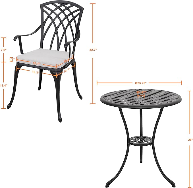 NUU GARDEN 3 Piece Bistro Table Set Cast Aluminum Outdoor Patio Furniture with Umbrella Hole and Grey Cushions for Patio Balcony, Black