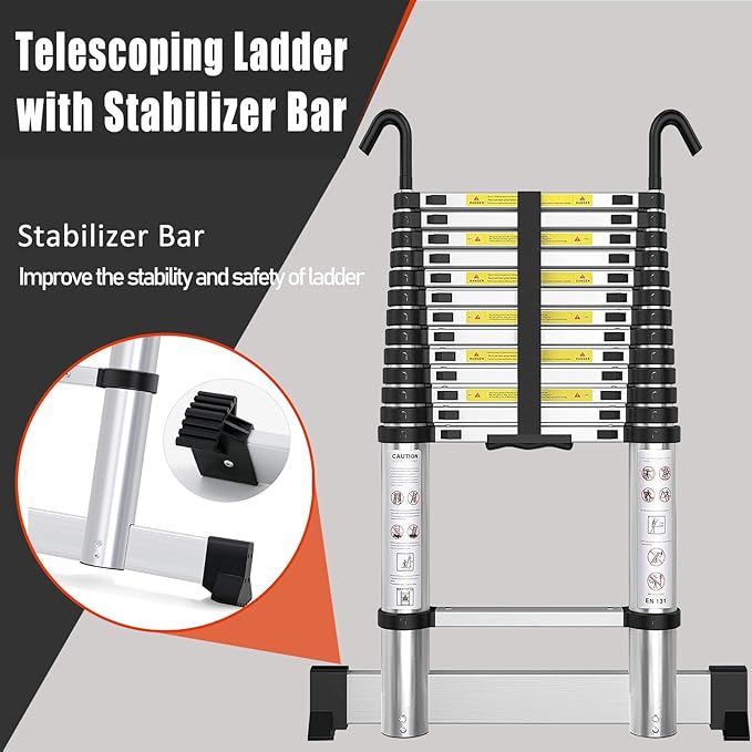 Telescoping Ladder with Hooks 20 FT - Aluminum Telescopic Ladder with Stabilizer - Retractable Extension Ladders for Home Loft Roof RV Work with EN131 Certification - 330lbs Max Capacity