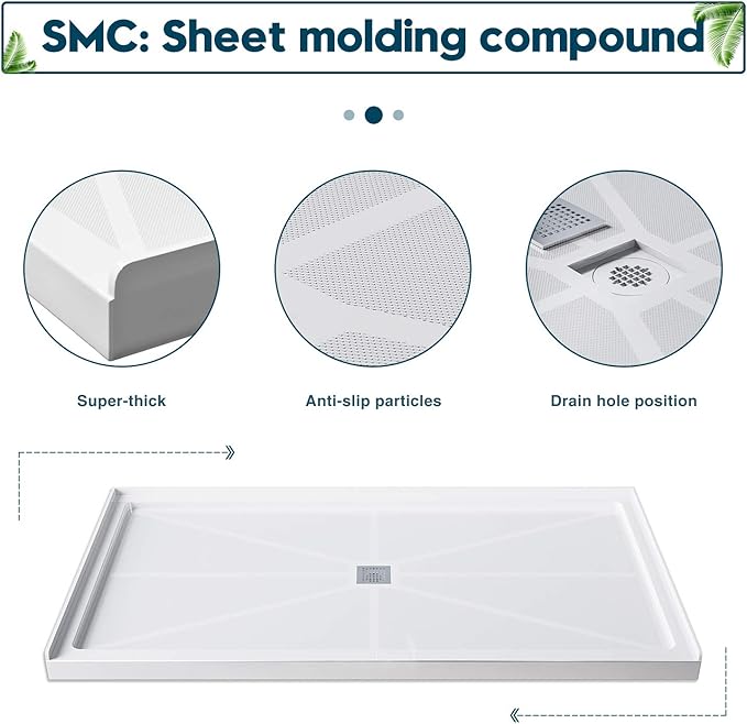 ELEGANT Shower Base 60'' L x 32'' W x 4'' H Center Drain Single Threshold Shower Base Pan Non-Slip Stainless Steel Shower Drain Cover Included