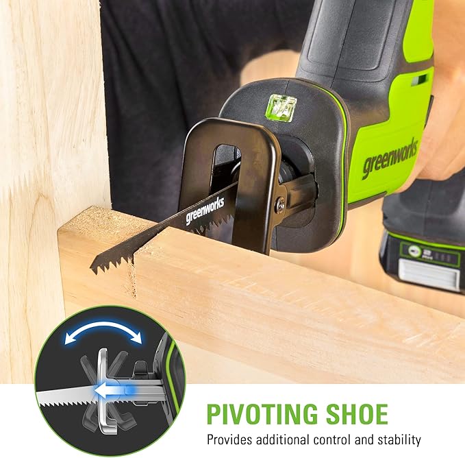 Greenworks 24V Brushless 1" Compact One-Handed Reciprocating Saw (3,000 SPM), Cordless Powered Variable Speed Recip Saw, 2.0Ah Battery and Compact Charger Included, RSG404