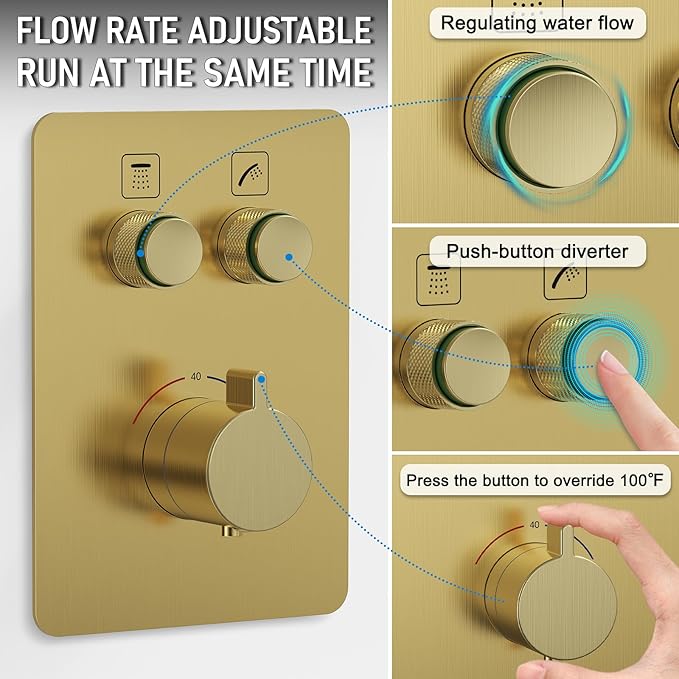 Iriber Thermostatic Shower System Wall Mount with Adjustable Water Flow Push Button Diverter,13 Inch Gold Rectangle Rainfall Shower Head and Handheld,Brushed Gold
