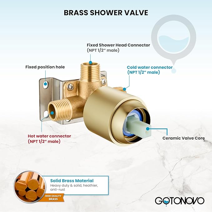 gotonovo Dual 2 in 1 Shower Head Kit High Pressure Combo System Shower Faucet 6 Modes ABS Handheld Spray Shower Trim Kit with Valve Shower Head and Handle Set Brushed Gold