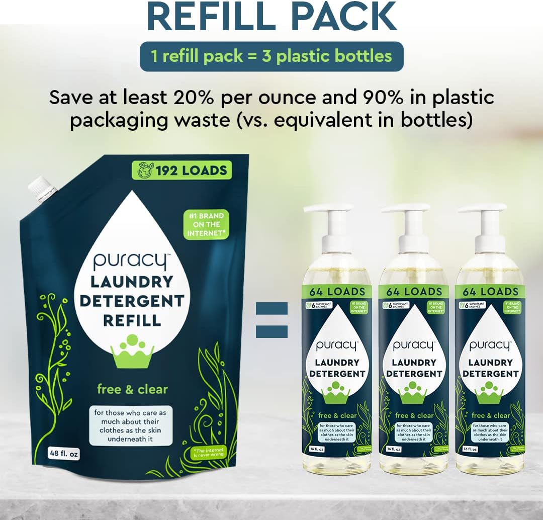 Puracy Laundry Detergent Refill - Enzyme-Powered Liquid Detergent Concentrate, Natural Laundry Detergent Seen on TikTok, Non-Toxic (Free & Clear, 48 fl oz, 192 Loads)