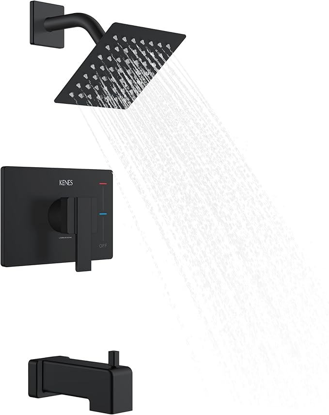 KENES Modern Matte Black Shower Faucet, Tub and Shower Trim Kit with Single-Spray Square Stainless Black Rain Shower Head, KE-6025A-2 (Shower Valve Included)