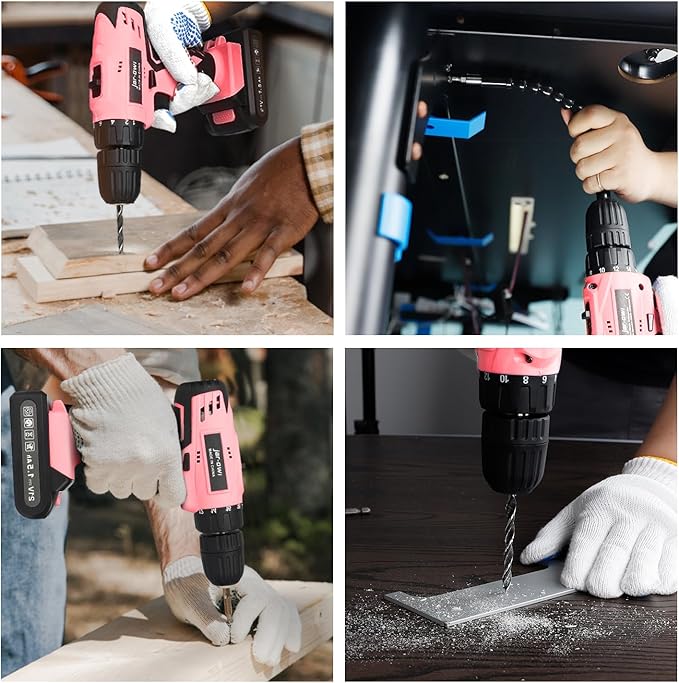 Jar-Owl 21V Pink Cordless Drill Set for Women,350 in-lb Torque, 0-1350RMP Variable Speed, 10MM 3/8'' Keyless Chuck, 18+1 Clutch, 1.5Ah Li-Ion Battery & Charger for Home DIY and Repair - Black & Pink