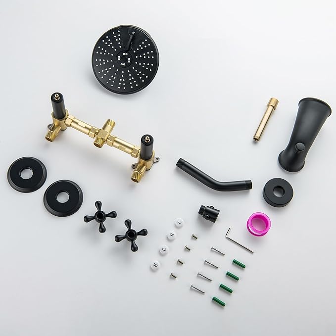 2 Handle Shower Faucet Set, Matte Black Shower Faucet Set 2 Knobs, Two Handles Bath Tub Shower Faucets Sets Complete Wall Mounted Brass Valve and Trim Kit