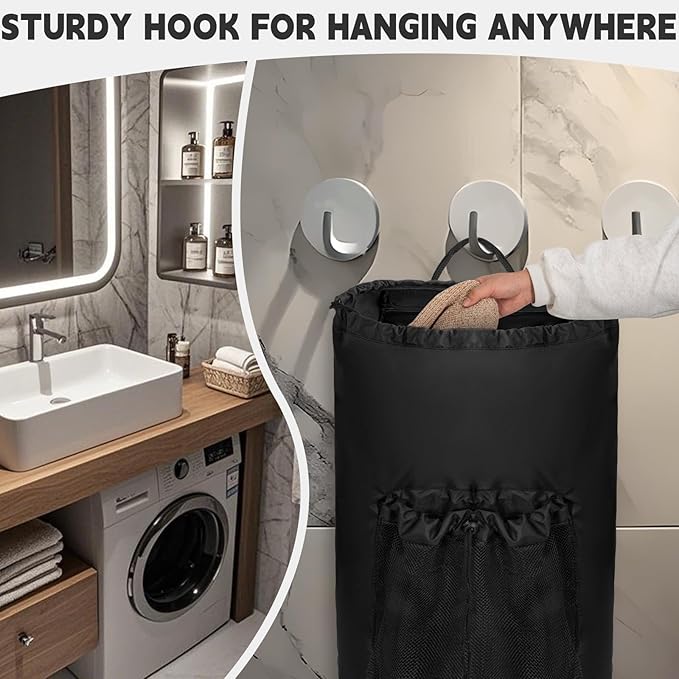 Laundry Bag Backpack with Shoulder Straps and Mesh Pocket Foldable Laundry Hamper for College, Apartment, Laundromat (Black)