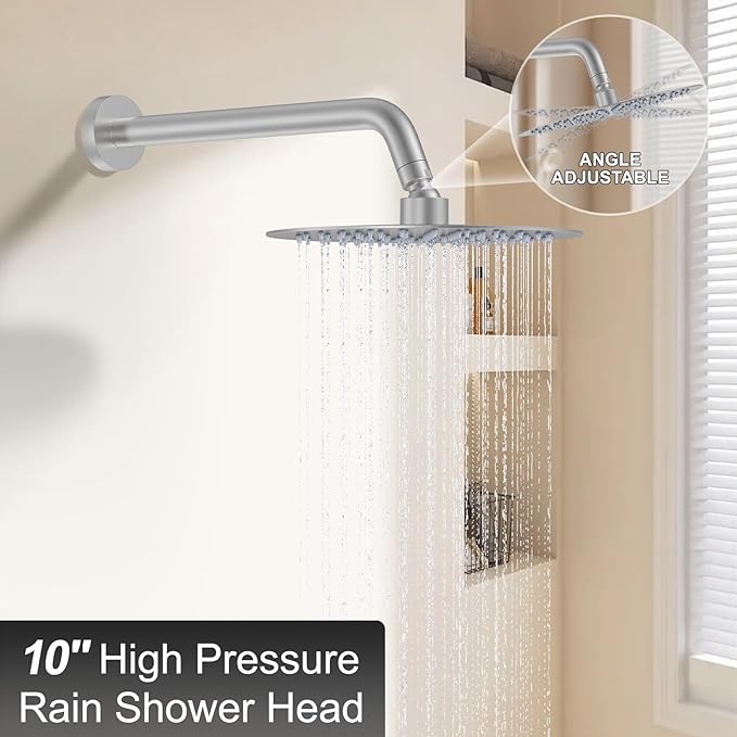 KOJOX 10 Inch Brushed Nickel Shower System with High Pressure Rain Shower Head, Handheld Shower Head, Bathroom Mixer Shower Set Wall Mounted Shower Faucet Rough-in Valve and Trim Kit
