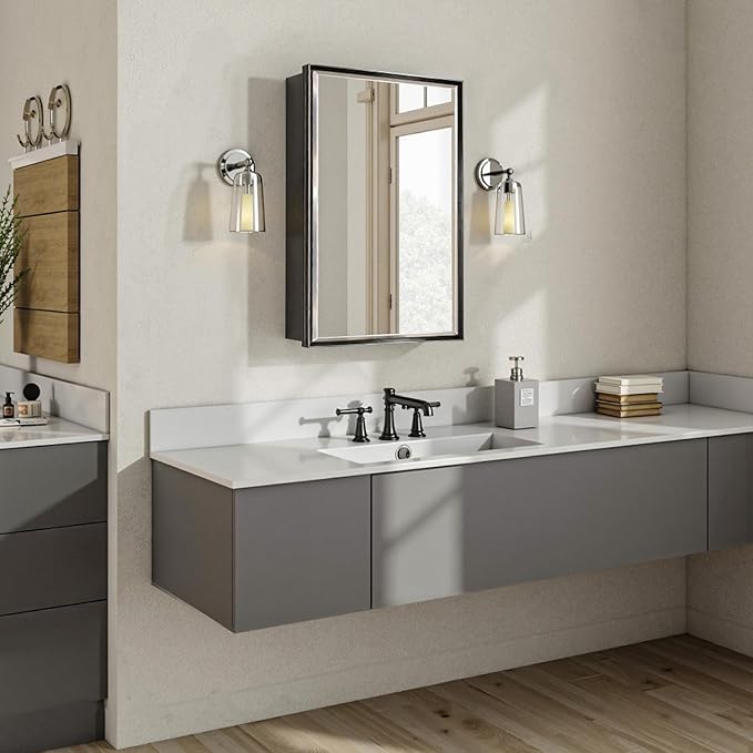 Black Medicine Cabinet Mirror, 16''x 24'' Surface or Recessed Aluminum Framed Medicine Cabinet with Beveled Mirror, Full-Assembled, Adjustable Shelves,Reversible Bathroom Mirror with Storage