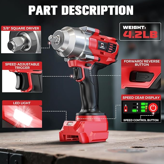 Cordless Impact Wrench 3/8" Compatible with Milwaukee 18V Battery, 600Ft-lbs (800N·m), Brushless Electric Impact Driver, 2400 RPM, LED Light – Compact, Light-Duty(No Battery)