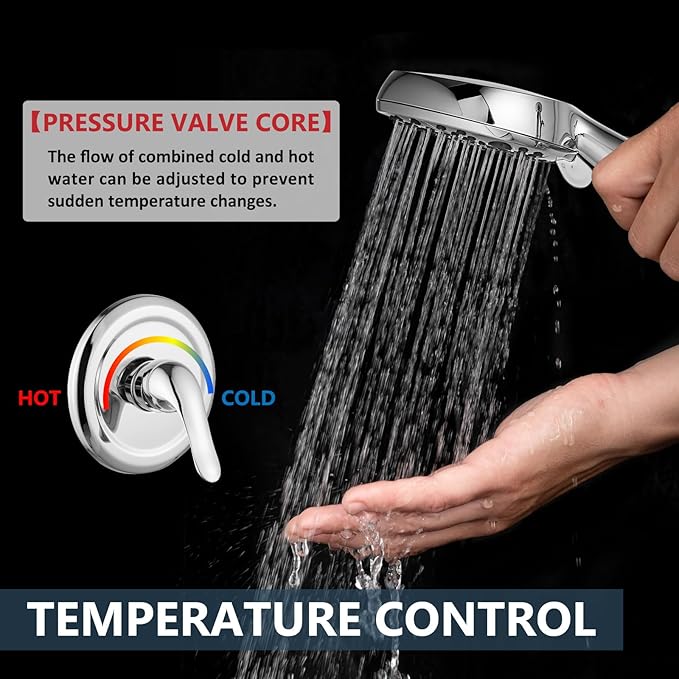 Aolemi Shower Faucet Set Rain Shower Head System Shower Trim Kit Pressure Rough-in Valve Included ABS 8 Setting Single Handheld Spray Polish Chrome