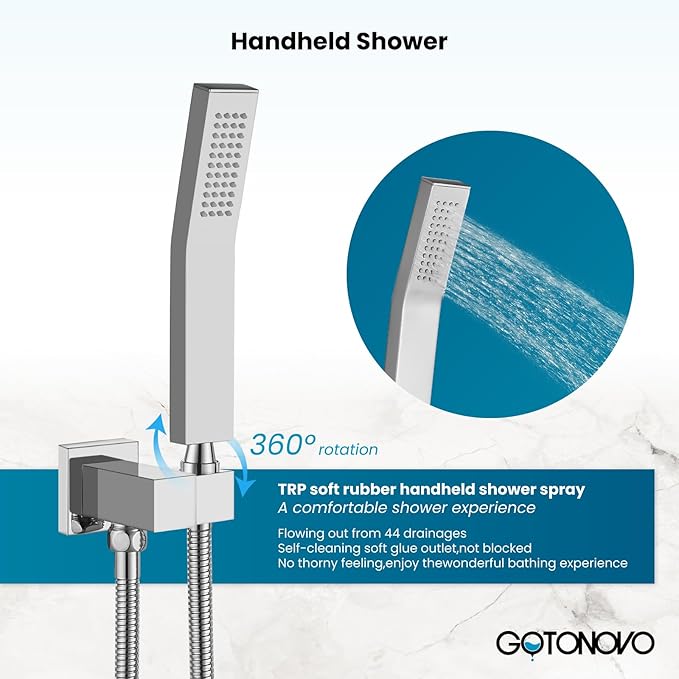 gotonovo Shower System with Tub Spout,Waterfall Tub Shower Faucet Set for Bathroom Head and Handle Set Wall Mounted 3 Function Rough-in Valve and Trim Included 10 inch Shower Head Polished Chrome