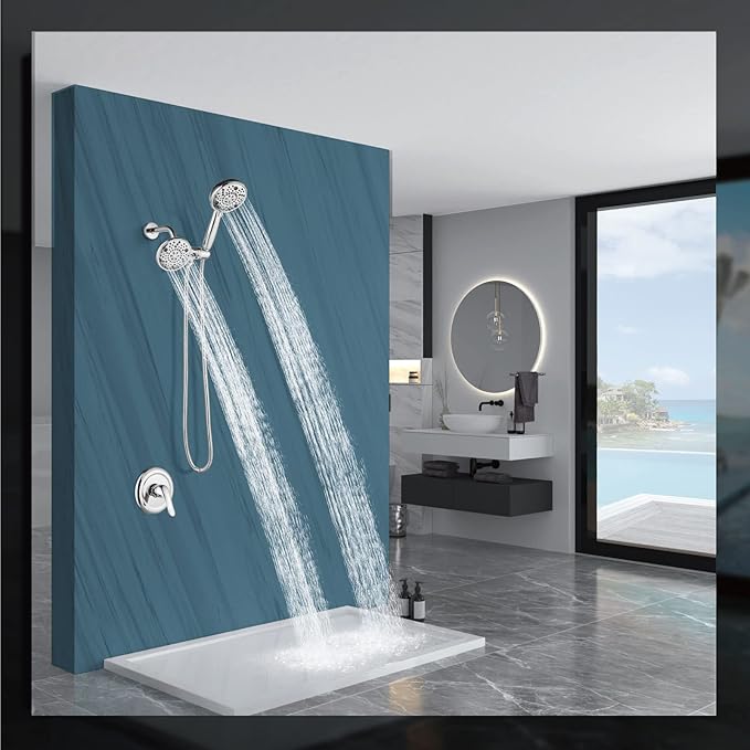 Aolemi Shower Faucet Set Rain Shower Head System Shower Trim Kit Pressure Rough-in Valve Included ABS 8 Setting Dual Shower Head and Handheld Spray Polish Chrome