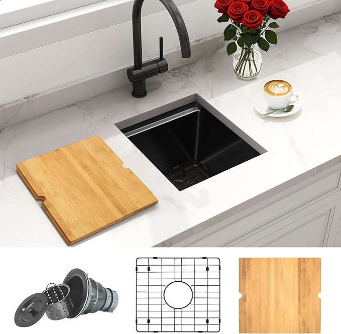 Black Bar Sink Undermount,Small Bar & Prep Sinks,16 gauge Stainless Steel Bar Sink with Workstation for Wet Bar Area (17" X 19")