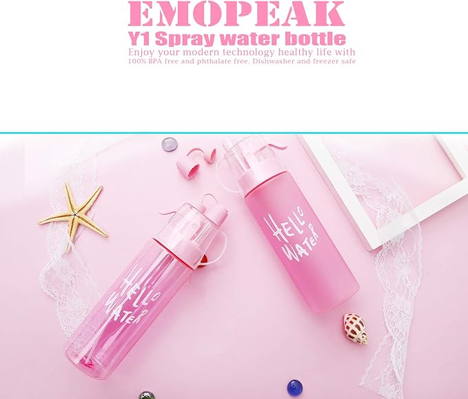 Emopeak 580ML Misting Water Bottle, 20OZ Sports Water Bottle with Spray Mist for Outdoor Hydration, BPA-Free Mist Water Bottle (Pink Frosted, 580ml/20oz)