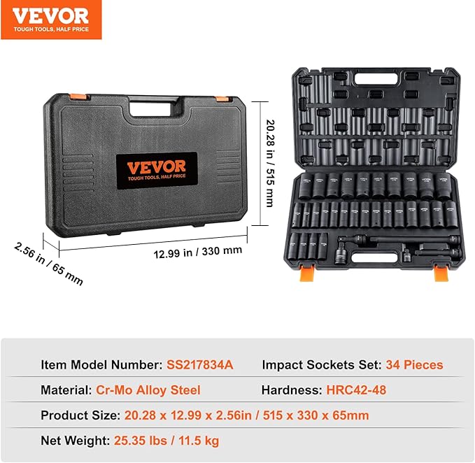 VEVOR 1/2" Drive Impact Socket Set, 34 Piece Socket Set Metric 8-36mm, 6 Point Cr-MO Alloy Steel for Auto Repair, Easy-to-Read Size Markings, Rugged Construction, Includes Storage Case