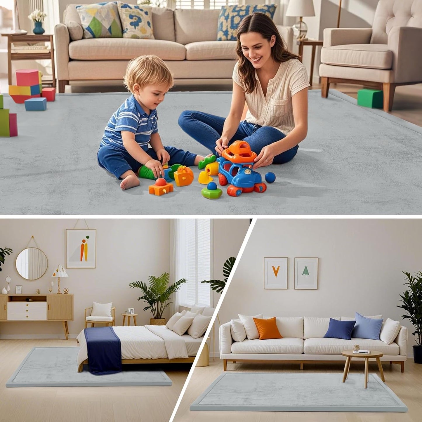 ACOMOPACK Baby Play Mat for Floor,1.3" Thick Memory Foam Area Rug for Living Room,Soft Velvet Crawling with Non-Slip Bottom for Kid,Toddler,79"×157" Tummy Time Nursery Rugs,Yoga(Light Grey)