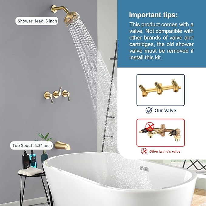 3 Handles Shower Faucet Set with Tub Spout Bathtub Shower Faucet Combo Set Shower System Complete Tub and Shower Trim Kit Brushed Gold Shower Set