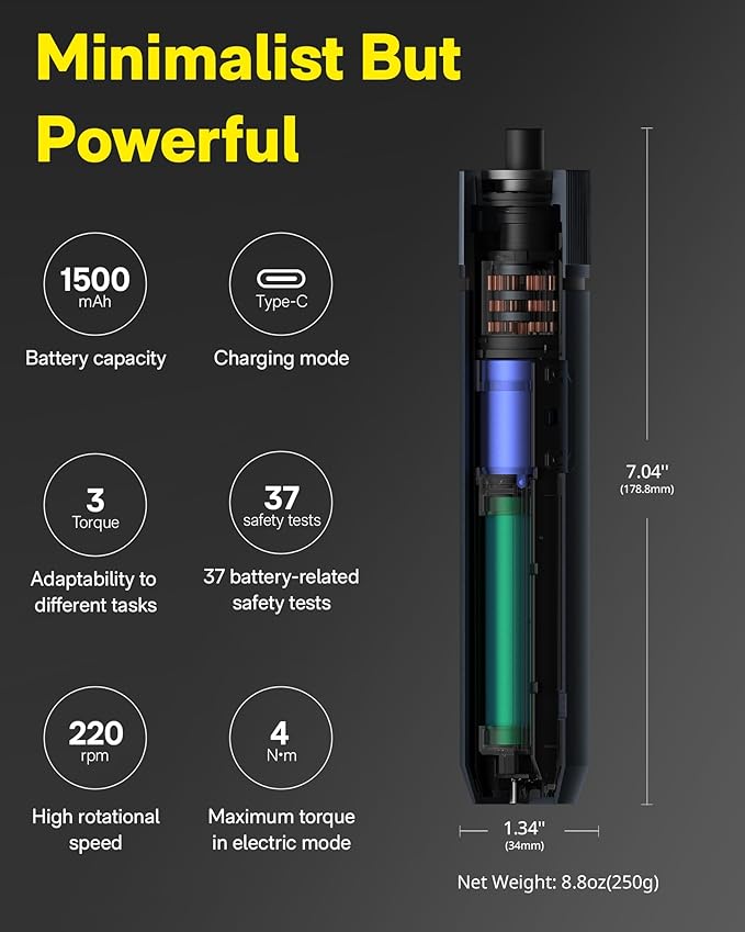 HOTO Electric Screwdriver Rechargeable, 3.6V Cordless Screwdriver Set USB-C, 3 Torque Settings, 1500mAh Battery, LED Light & 12 S2 Metal Bits for Furniture/Electrical Repairs