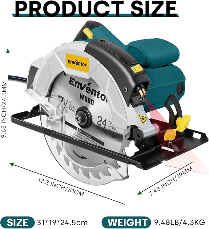 Enventor 7-1/4-Inch Circular Saw, 10A Pure Copper Motor Electric Circular Saws with Laser Guide, 2 Blade Saws (40T/24T), Adjust Cutting Angle from 0° to 90°, Single Handed Bevel, 5800RPM, Blue