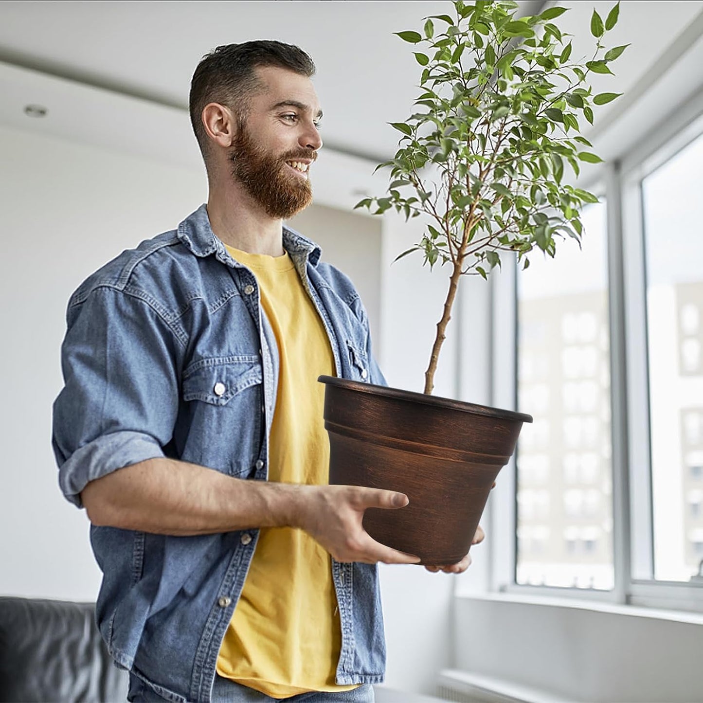 Plant Planters Pots Set of 4 Pack 13 Inch,Large Plastic Flower Pot for Indoor Plants with Drainage Holes & Trays, Resin Decorative Container Sets with Saucer for House Outdoor Garden Plant Copper