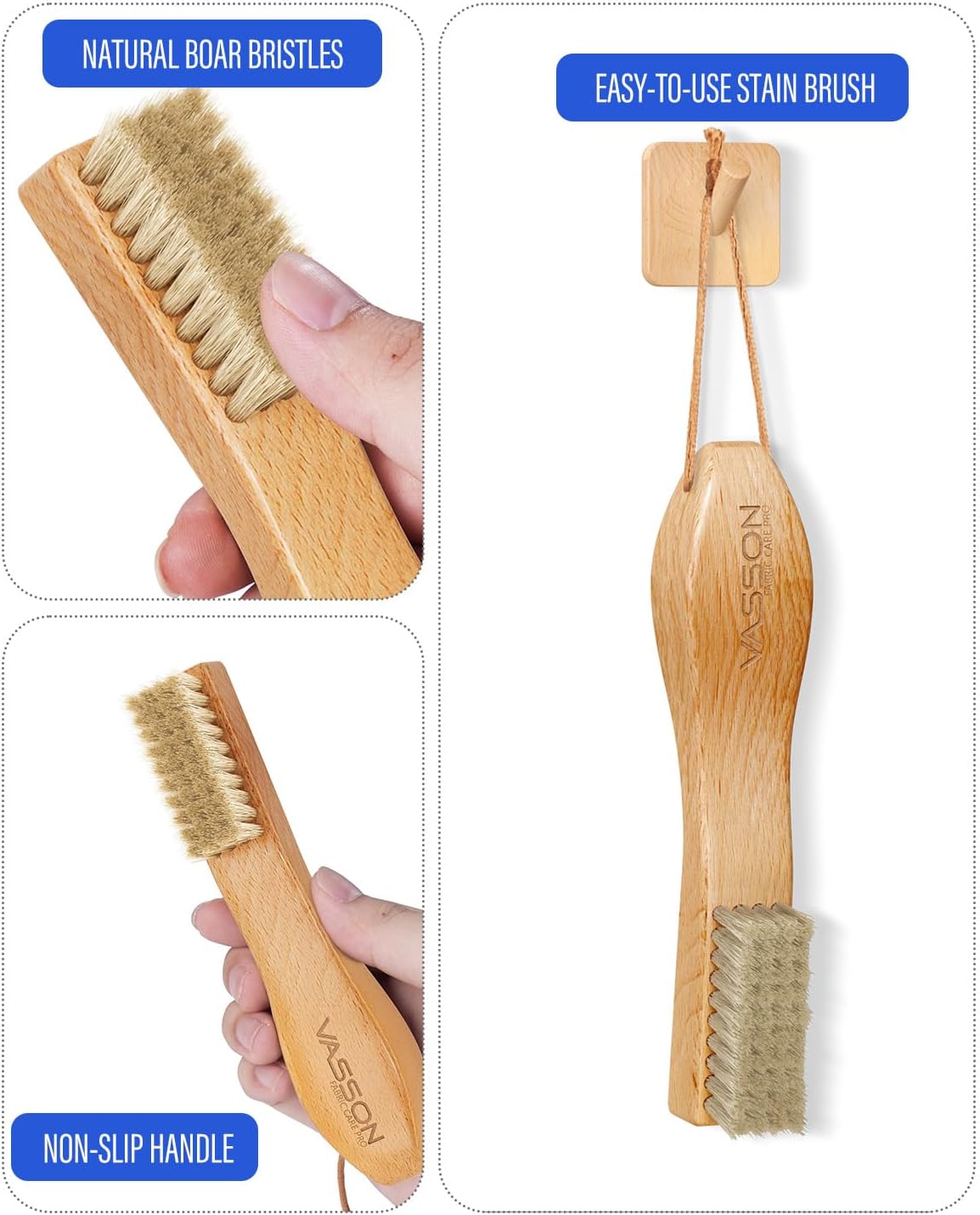 VASSON Natural Soft Boar Bristle Laundry Stain Brush, Laundry Scrub Brush,Laundry Brush for Stains on Clothes, Gentle Stain Remover for Knits, Cotton, and Linens