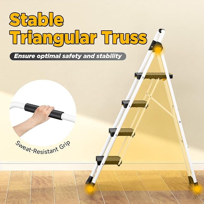 4 Step Ladder, Folding Steel Step Stool with Safety Lock, Anti-Slip Wide Pedals, Pass 800lbs Load Testing, Handrail, Heavy Duty Portable Ladder for Multi-Purpose, Indoor, Office, Kitchen