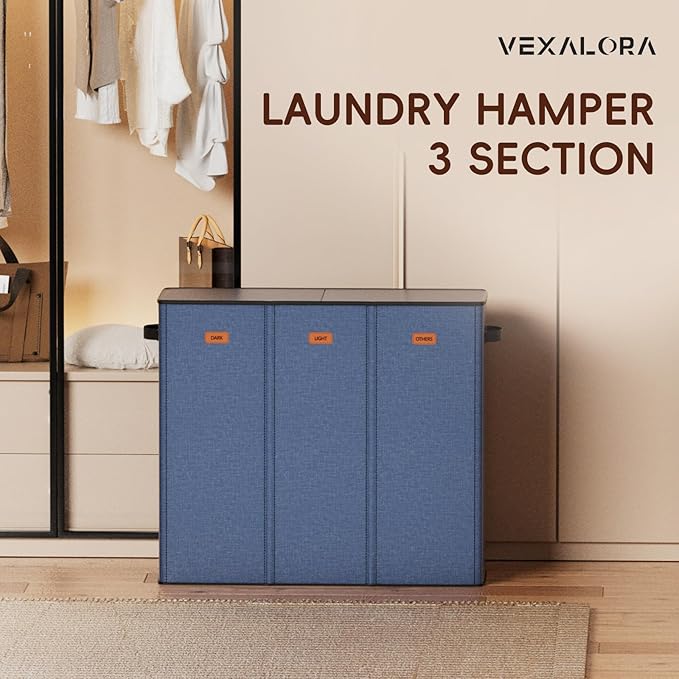 185L Laundry Hamper 3 Section, Laundry Hamper with Lid, Dirty Clothes Hamper with 3 Removable Washing Bags, Extra Large Laundry Basket Organizer for Bedroom, Laundry Room, Dorm - Navy Blue