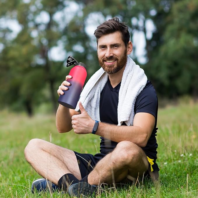 40oz Insulated Water Bottle with 3 Lids(Straw, Hand and Spout Lid), Double Vacuum Stainless Steel Metal Water Flask(BPA-free, CPC) for Sports, Camping, Hiking, Cycling, Fitness and more(Dark Rainbow)